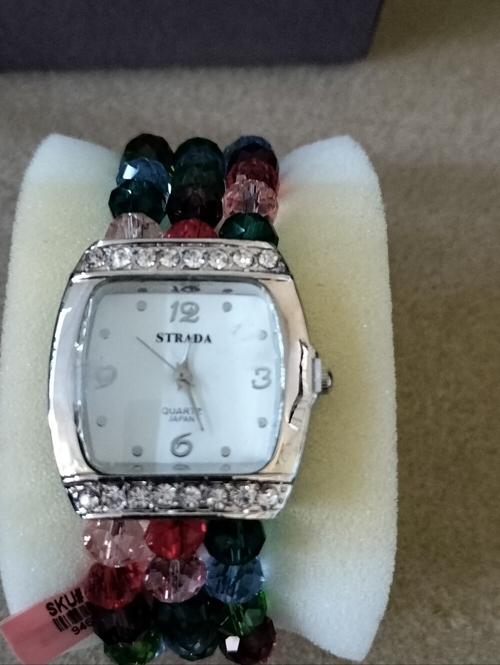 Strada Silvertone Rhinestone Watch Multi-Color Crystal Beaded Stretch Band New